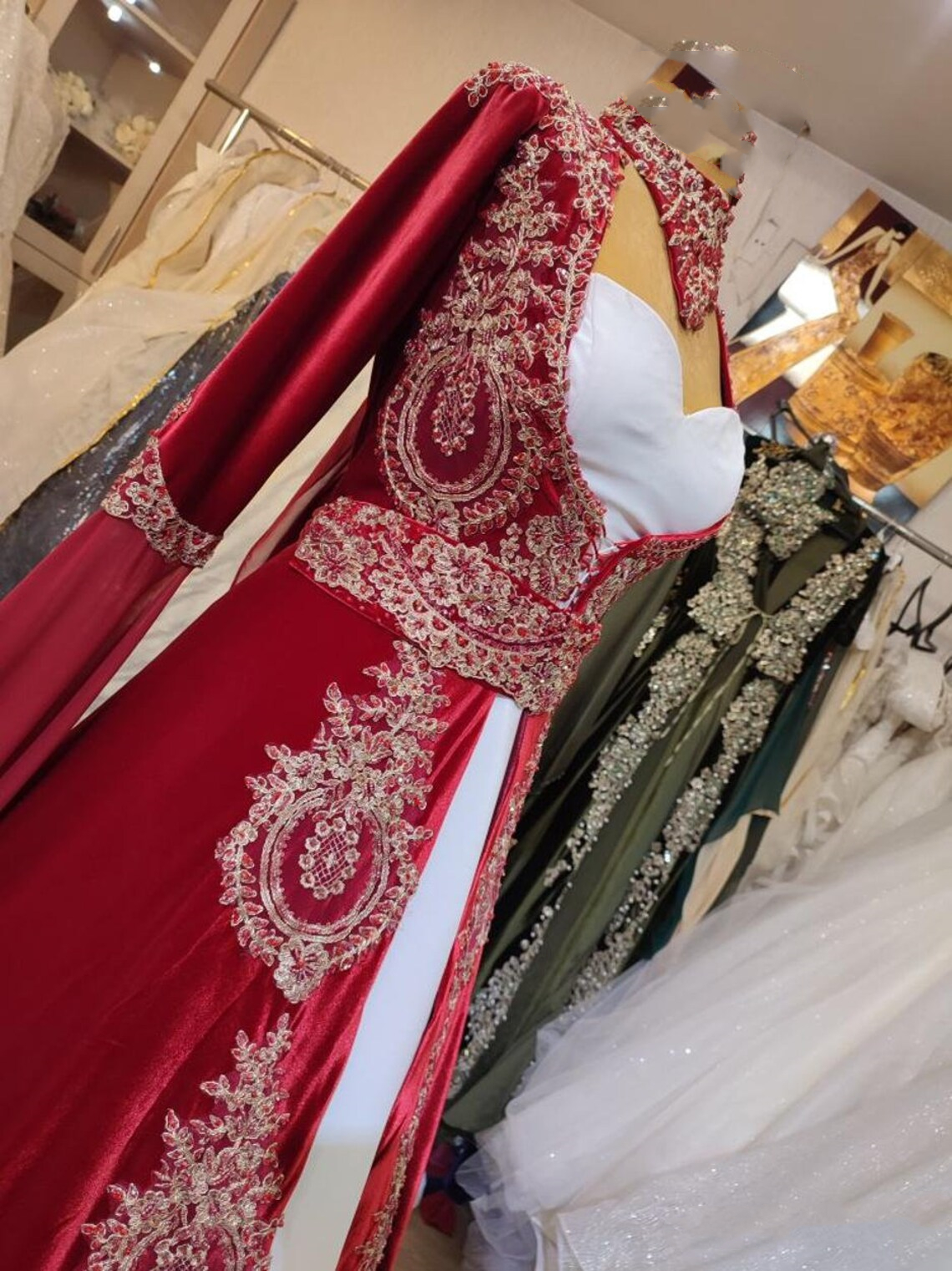 Elegant Arabic Turkish Kaftan Evening Dresses Gold Lace Velvet Beaded Bindalli Ethnic Folk Long Sleeves Formal Party Gowns A Line Burgundy And White P