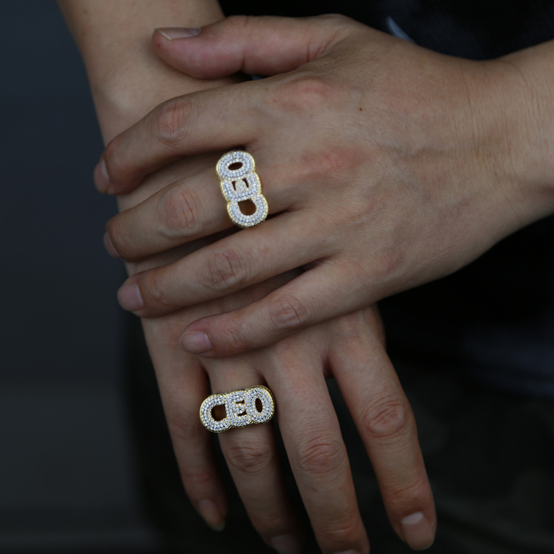 Wedding Rings Two Tone Gold Color Double Layer CEO Letter Finger Ring For Men Micro Pave 5A CZ Hip Hop ice Jewelry 220913