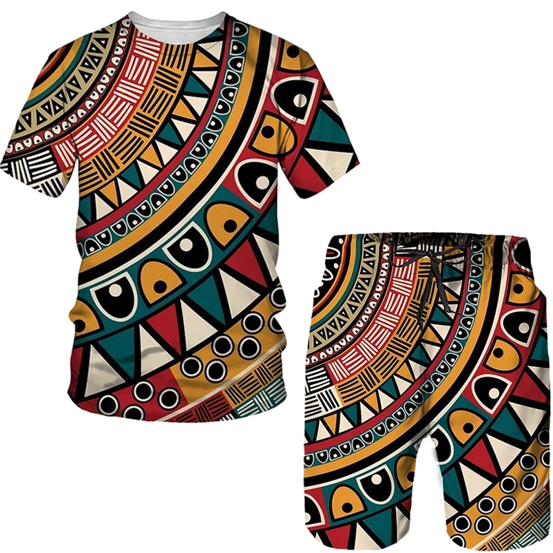 Men's Tracksuits African Printed Women's/Men's T-shirts Sets Fashion Vintage Style Tracksuit/Tops/Shorts Sport And Leisure Summer Male 