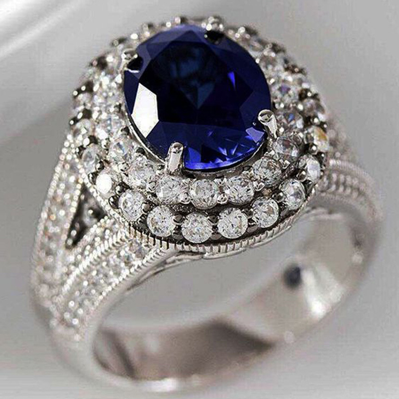 Big Blue Stone Ring Charm Jewelry Women CZ Wedding Promise Engagement Rings Ladies Accessories Gi