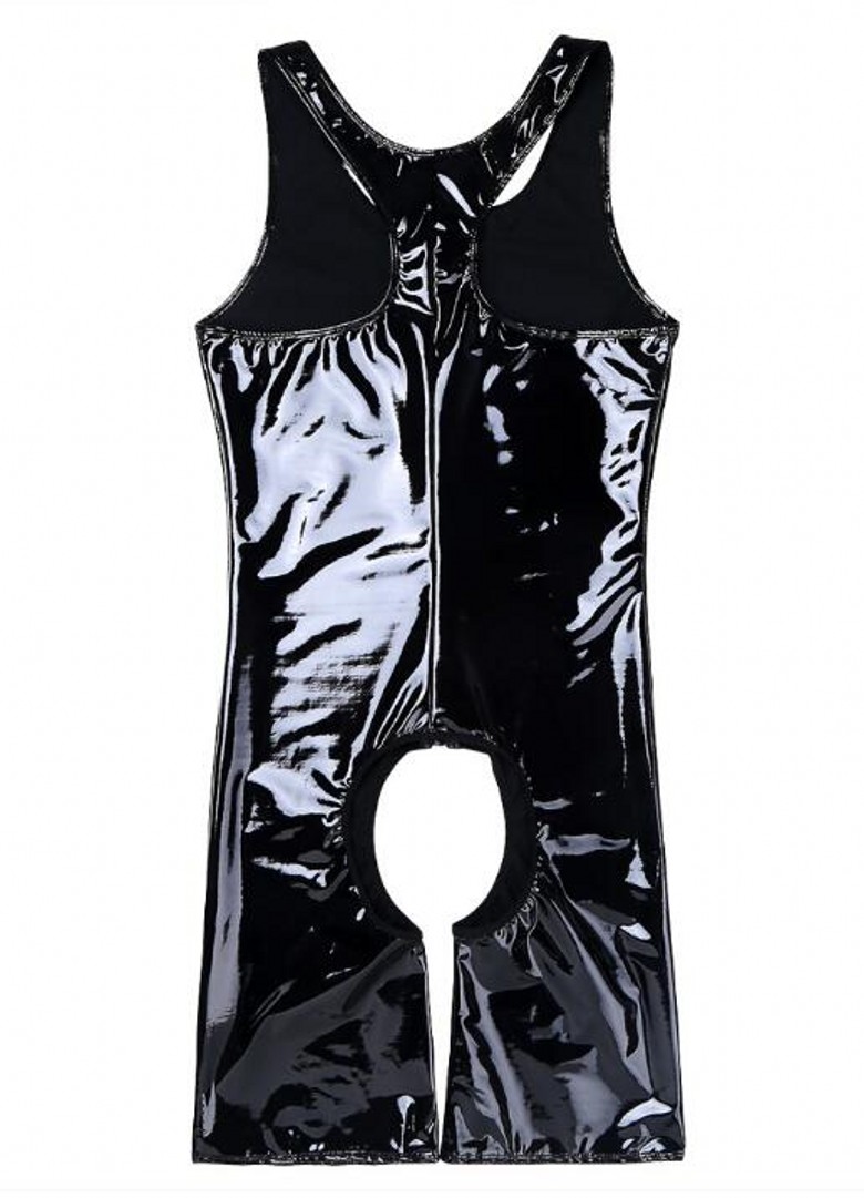 Black Catsuit Costumes Mens Wetlook pvc faux Leather Onepiece Sleeveless Front Zipper Crotchless Singlet Boxer Briefs Leotard Bod7236149