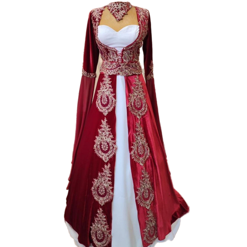 Elegant Arabic Turkish Kaftan Evening Dresses Gold Lace Velvet Beaded Bindalli Ethnic Folk Long Sleeves Formal Party Gowns A Line Burgundy And White P