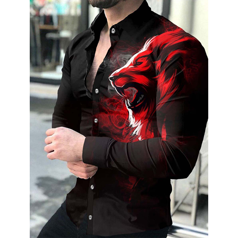 Men's Casual Shirts Fashion Social Men Turndown Collar Buttoned Shirt Lion Print Long Sleeve Tops Clothing Prom Cardigan 220913