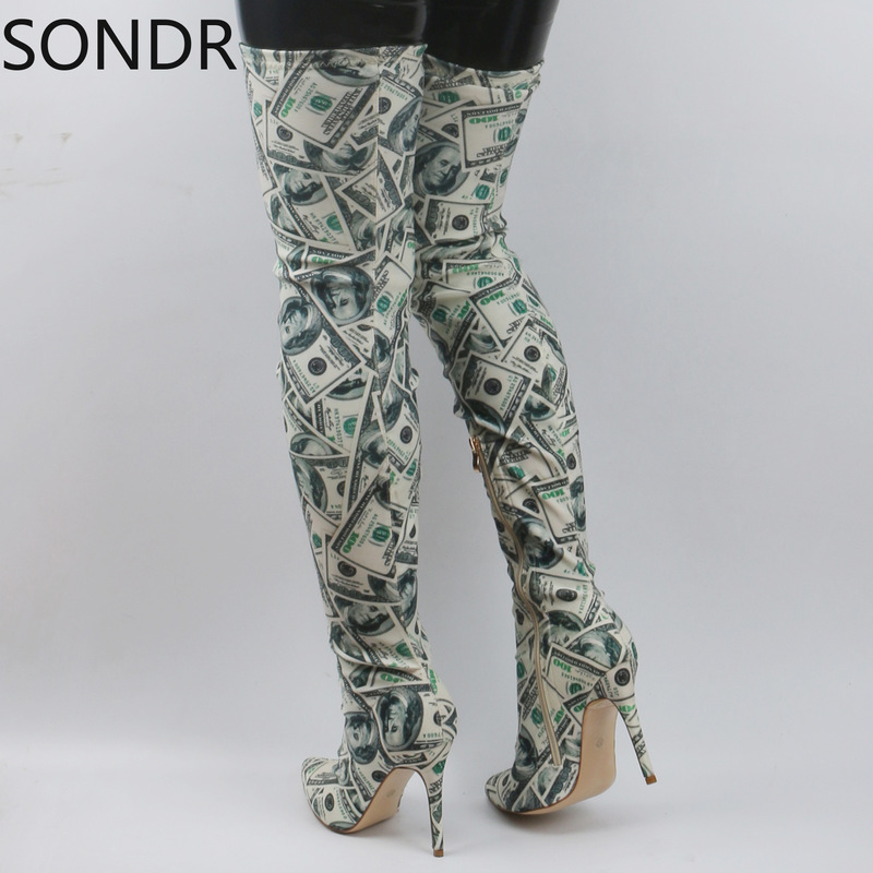 Boots Hundret Dollar Money Print Women Pointed Toe Thigh High Stiletto 220913