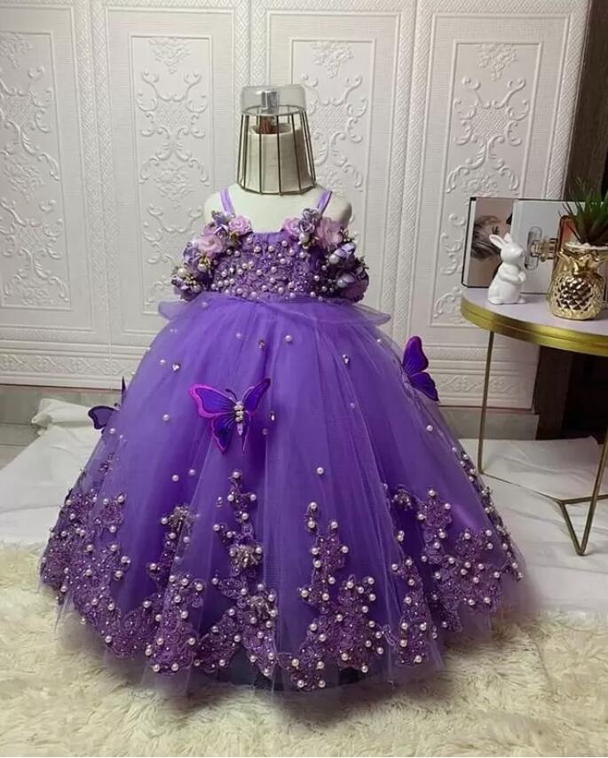 Luxurious lavender lilac Flower Girl Dresses Ball Gown Tulle Lace Pearls Lilttle Kids Birthday Pageant Weddding Gowns