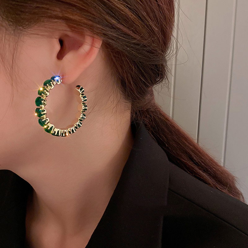 CZ Hoop Earrings Round Green Zircon Crystal Earring for Women Engagement Party Statement Jewelry