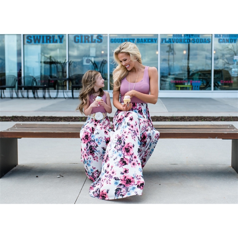 Family Matching Outfits Mother Daughter Dresses Clothes Summer Sleeveless Floral Long Dress Mom And Daughter Dress Matching Family Outfits Clothes 220