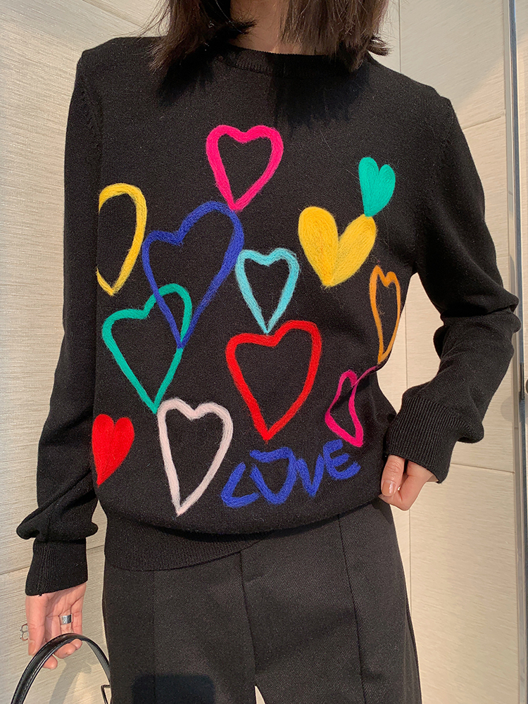 Women's Knits Tees Spring Women Lovely Sweater O-Neck Colorful Candy Color Heart Embroidery Knitwear Slim All-Match Pullover Femme C-195 220914