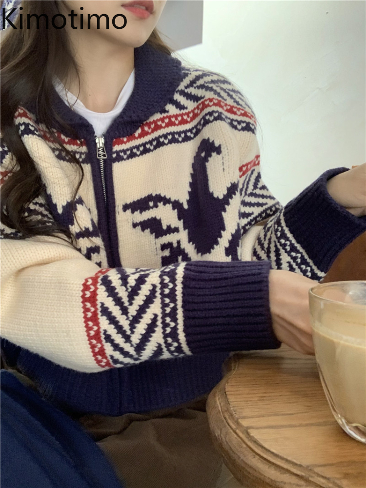Women's Knits Tees Kimotimo Vintage Jacquard Knitted Cardigan Women Autumn Zipper Long Sleeve Sweater Coat Korean Chic Lazy Fashion Cardigans 220