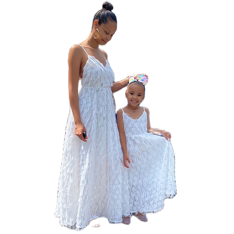Family Matching Outfits Vintage Mommy And Me White Maxi Dresses For Birthday Wedding Party Mother Daughter Solid Ankle Long Dress Family Matching Outf