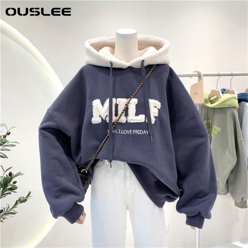 Women s Hoodies Sweatshirts OUSLEE Fashion Patchwork Oversize Sweatshirt Women Winter Casual Loose Cotton Thick Letter Long Sleeve Female Streetwear 2