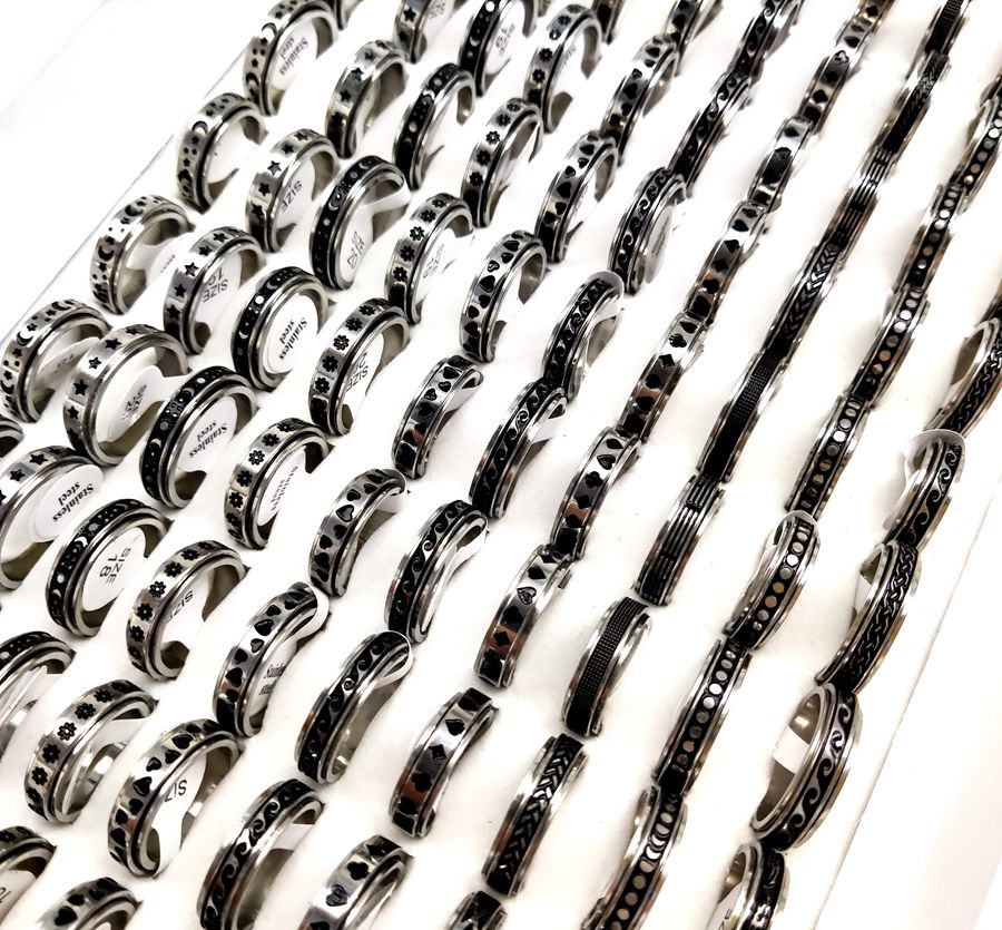 50pcs Multi-styles Mix Rotating Stainless Steel Spin Rings Men Women Spinner Ring Wholesale Rotate Band Finger Rings Party Jewelry