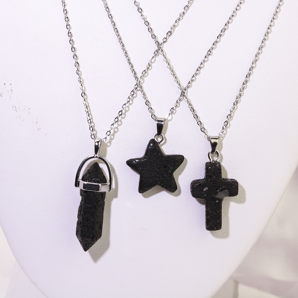Cross Star Hexagonal Prism Black Lava Stone Necklace Aromatherapy Essential Oil Perfume Diffuser Pendant Necklace Women men Jewelry