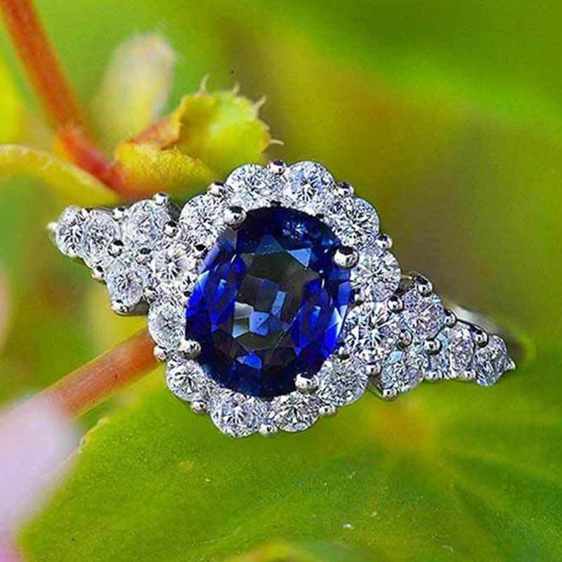 Big Blue Stone Ring Charm Jewelry Women CZ Wedding Promise Engagement Rings Ladies Accessories Gi