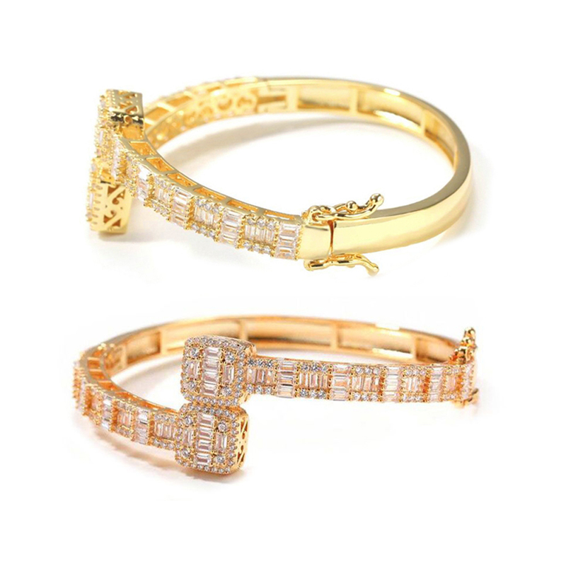 Bangle Iced Out Bling Opened Square Zircon Charm Bracelet Gold Silver Color Baguette CZ Bangle For Men Women Hiphop Jewelry