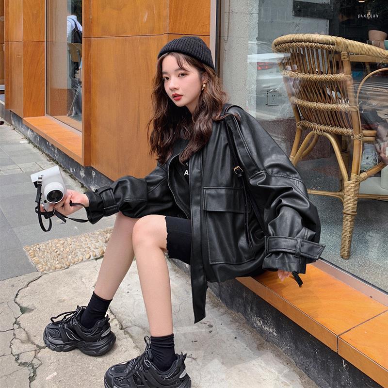 Women's Jackets Women's Women Casual Vintage Leather Jacket Female Loose Stand-up Collar Short Zipper Coat Woman Tops Autumn And Spring