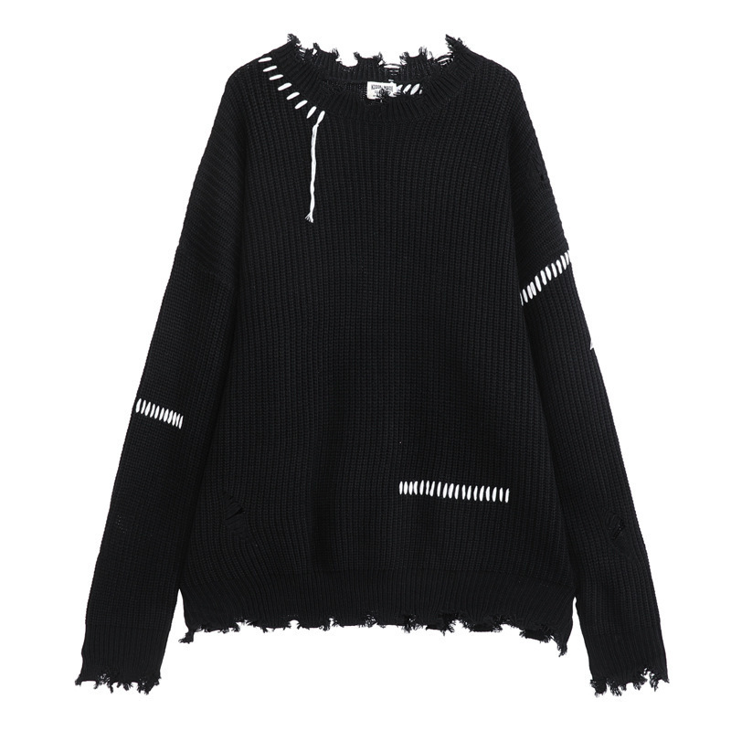 Men s Sweaters Oversized Irregular Ripped Men Distressed Style Couple Knitted Jumper Autumn Harajuku Vintage Black Unisex Tops 220913