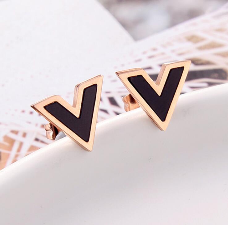 V Letter Studs Earrings for Women Black Rose Gold Fashion Design Titanium Steel Simple Statement Vintage 316L Stainless Steel Jewelry Never Fade Not A