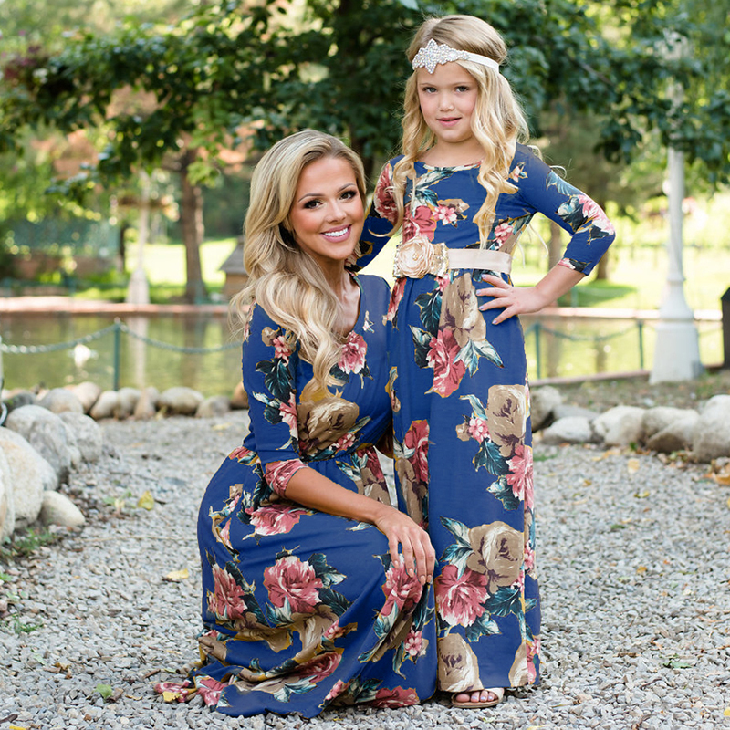 Family Matching Outfits Long Sleeve Mother Daughter Dresses Matching Wedding Party Clothes Floral Mommy And Me Family Look Long Dress Autumn Women Gir