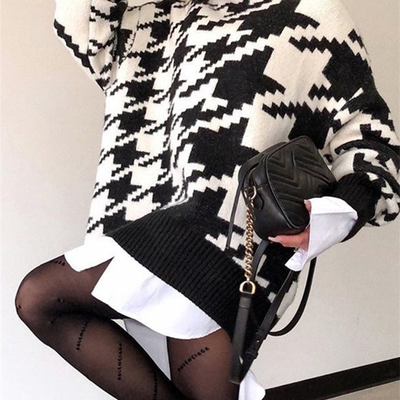Women's Knits Tees Long Sweater Dress Autumn Winter Fashion Houndstooth Black Turtleneck Long Sleeve Knit Pullover Tops Clothes For Women Fall 22