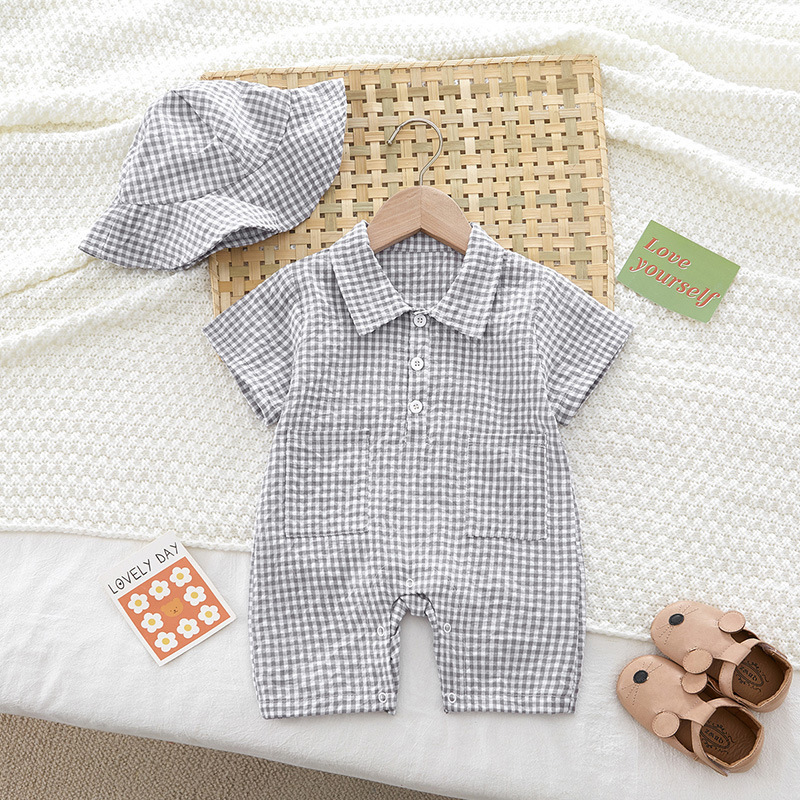 Family Matching Outfits Summer Plaid Doll Collar Parent-child Clothes Men's Treasure Shirt Jumpsuit Hat Baby Girl Dress born Mother And Son Siste