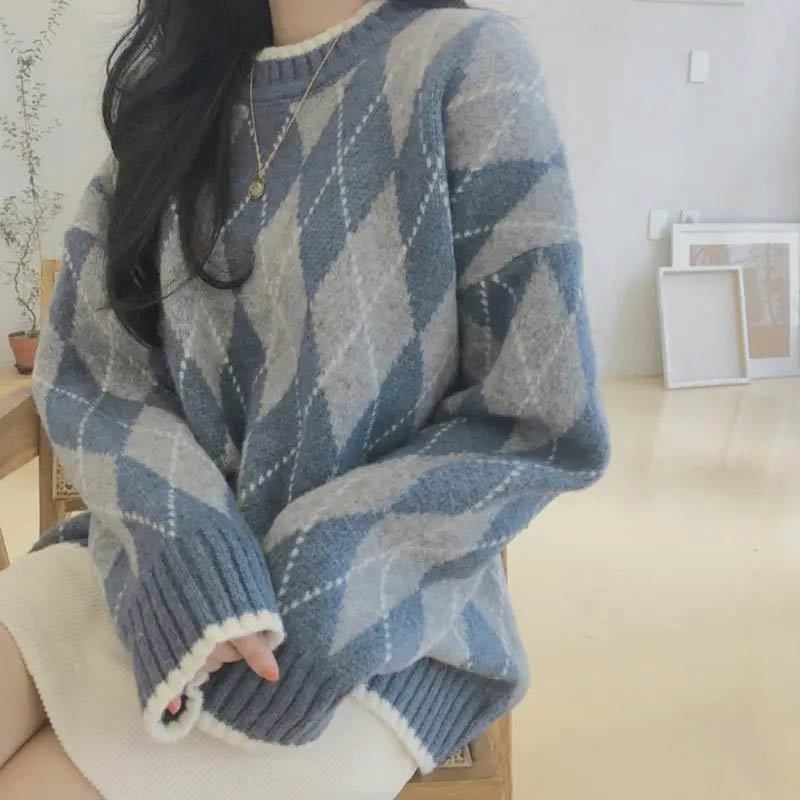 Women's Knits Tees Women Knitted Sweater Fashion Oversized Pullovers Winter Argyle Loose Sweater Korean College Style Women Jumper Sueter Mujer 2