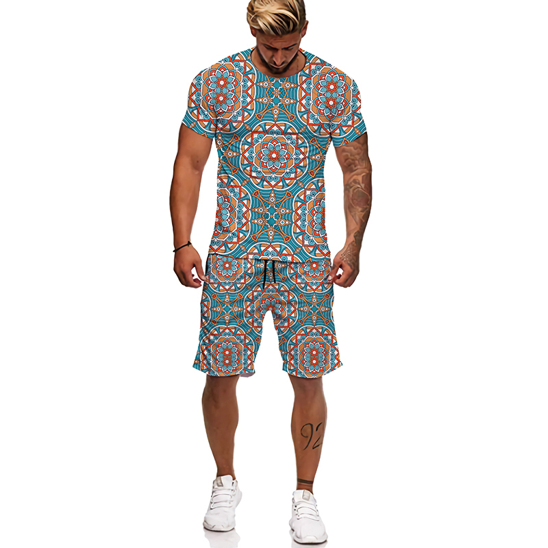 Men's Tracksuits African Printed Women's/Men's T-shirts Sets Fashion Vintage Style Tracksuit/Tops/Shorts Sport And Leisure Summer Male 