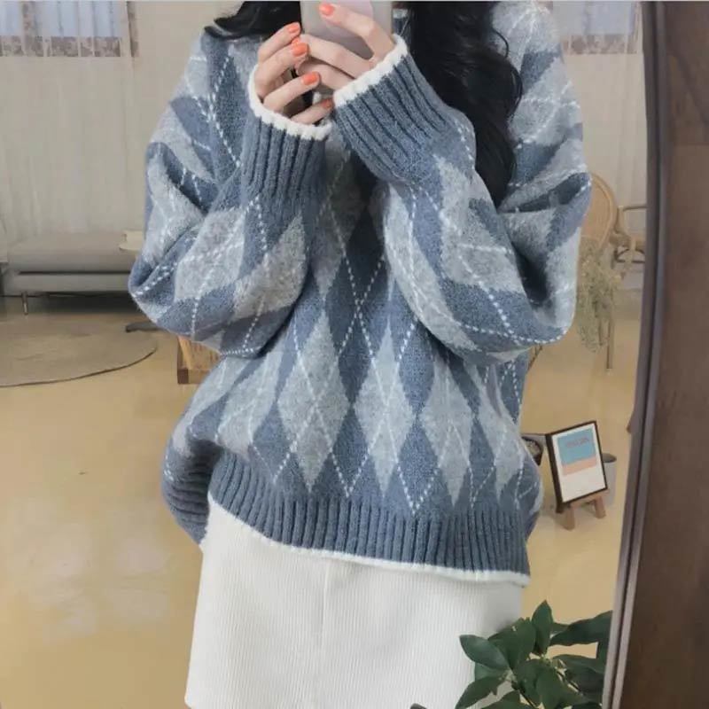 Women's Knits Tees Women Knitted Sweater Fashion Oversized Pullovers Winter Argyle Loose Sweater Korean College Style Women Jumper Sueter Mujer 2