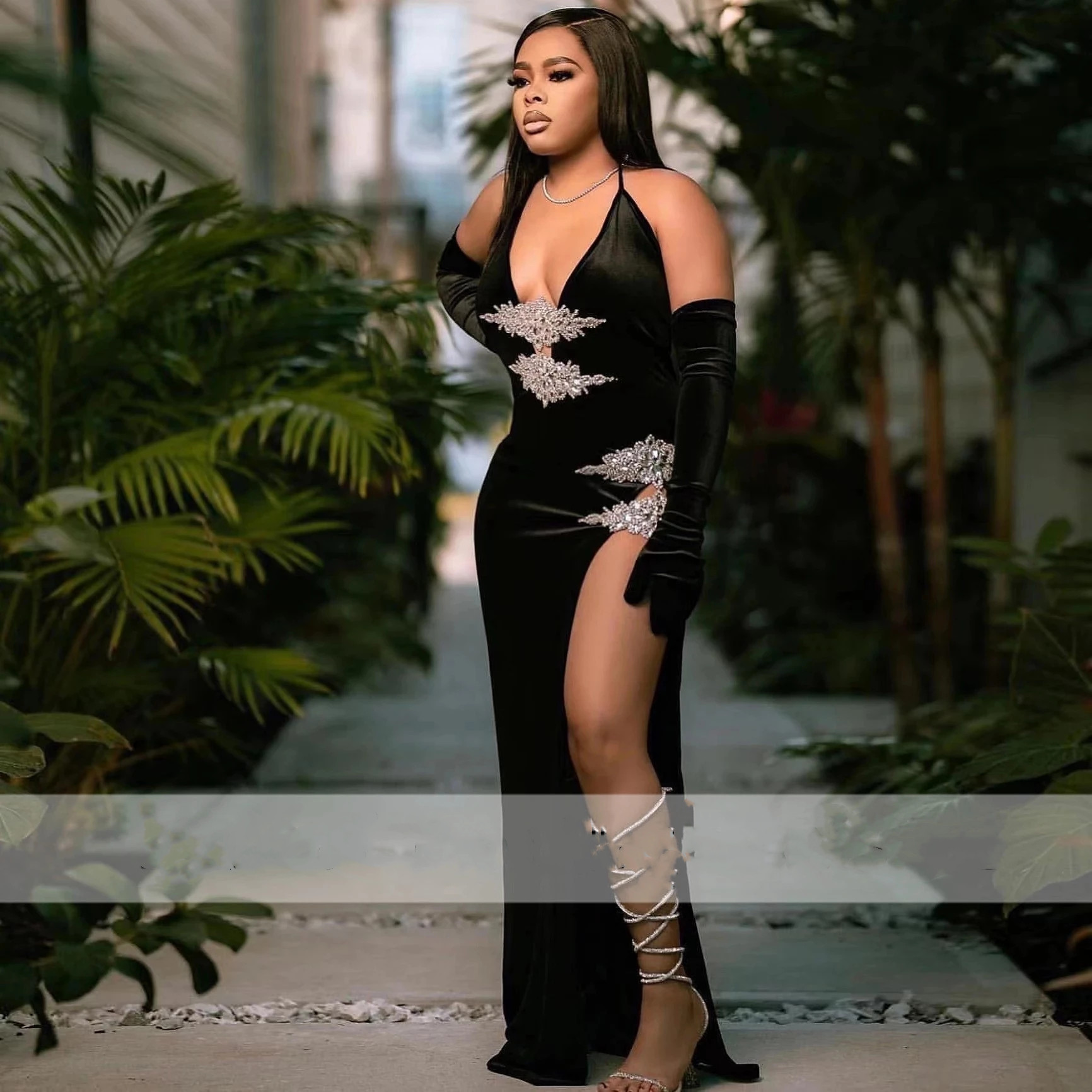 Sexy African Prom Dresses Beads Crystal High Slit Black Veet Plus Size Birthday Party Dress Evening Gowns Formal Robe De Bal 322