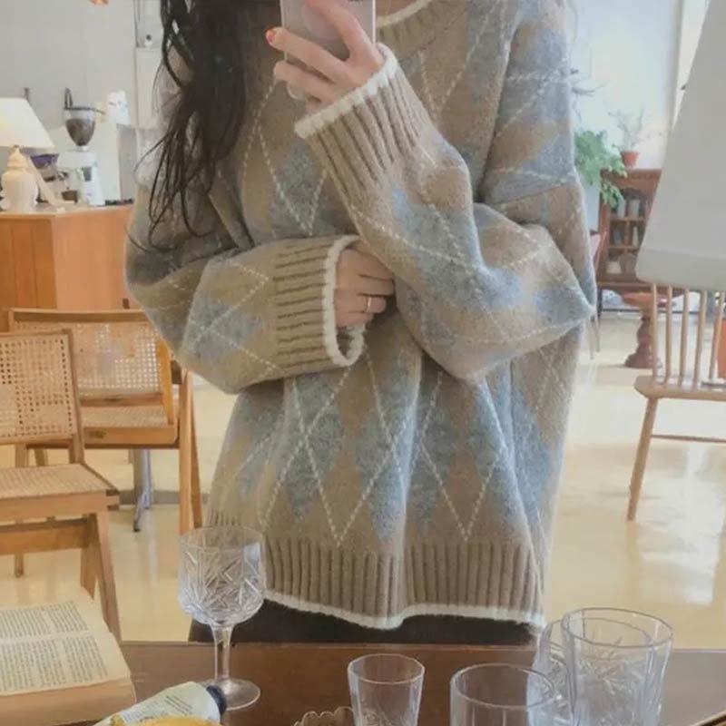 Women's Knits Tees Women Knitted Sweater Fashion Oversized Pullovers Winter Argyle Loose Sweater Korean College Style Women Jumper Sueter Mujer 2