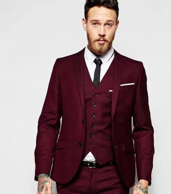 Handsome Burgundy Wedding Tuxedos Slim Fit Suits For Men Groomsmen Suit Three Pieces Prom Formal Suits Jacket Pants Vest