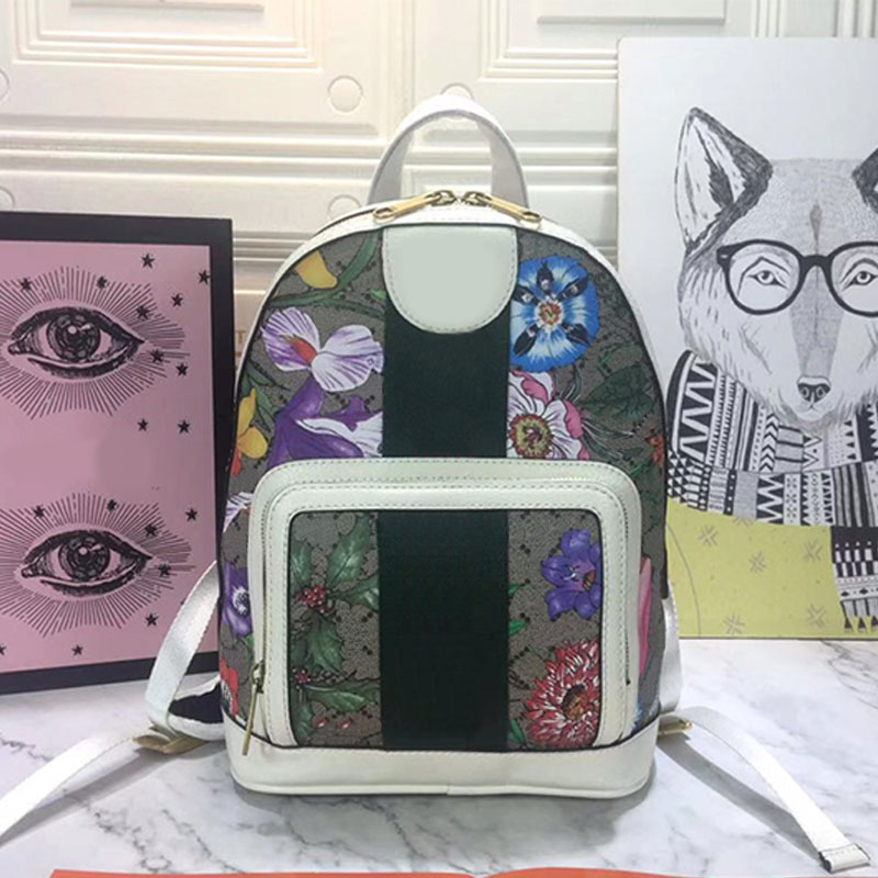 Backpack Style Women Handbag Large Capacity School Bag Cowhide Vintage Waterproof Flowers Printed Shoulder Bag Double Zipper Computer Package Travel Handbags