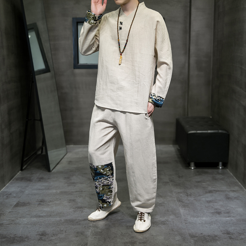 Mens Tracksuits Autumn Suit Mens Chinese Cotton and Linen Stitching Hanfu Tang Suit Youth Leisure 2piece Set Longsleeved Top Pants 220915