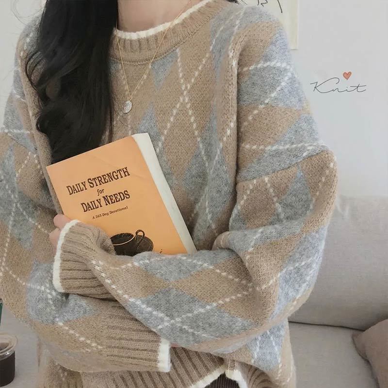Women's Knits Tees Women Knitted Sweater Fashion Oversized Pullovers Winter Argyle Loose Sweater Korean College Style Women Jumper Sueter Mujer 2