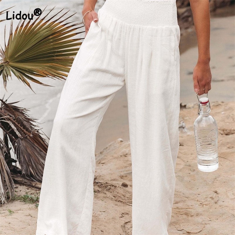 Women's Wide Leg En Blend Pants Casual Loose Summer Trousers With Pockets - White, Khaki, Black, Gray, Purple, Green, Orange Navy Blue, Rose Red,