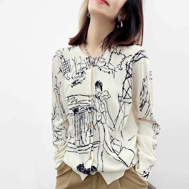 Women's Knits Tees Spring And Autumn Women's Wool Knitted Jacket Round Neck Thin Section Graffiti Worsted Wool Loose Fashion Cardigan Sweate