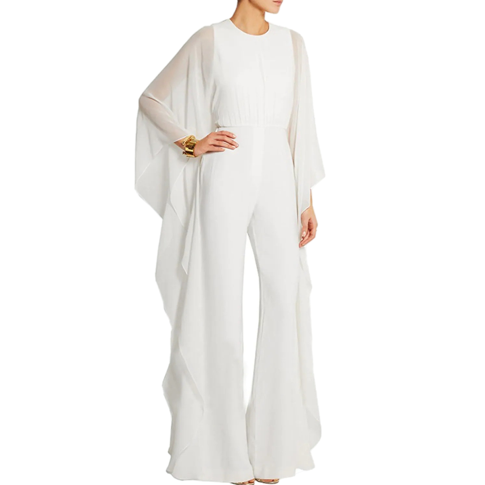 Elegant Chiffon Mother of the Bride Pants Suits Empire Waist Women Jumpsuits Wedding Guest Formal Evening Dress Jewel Neck Long Sleeve White Black Pro