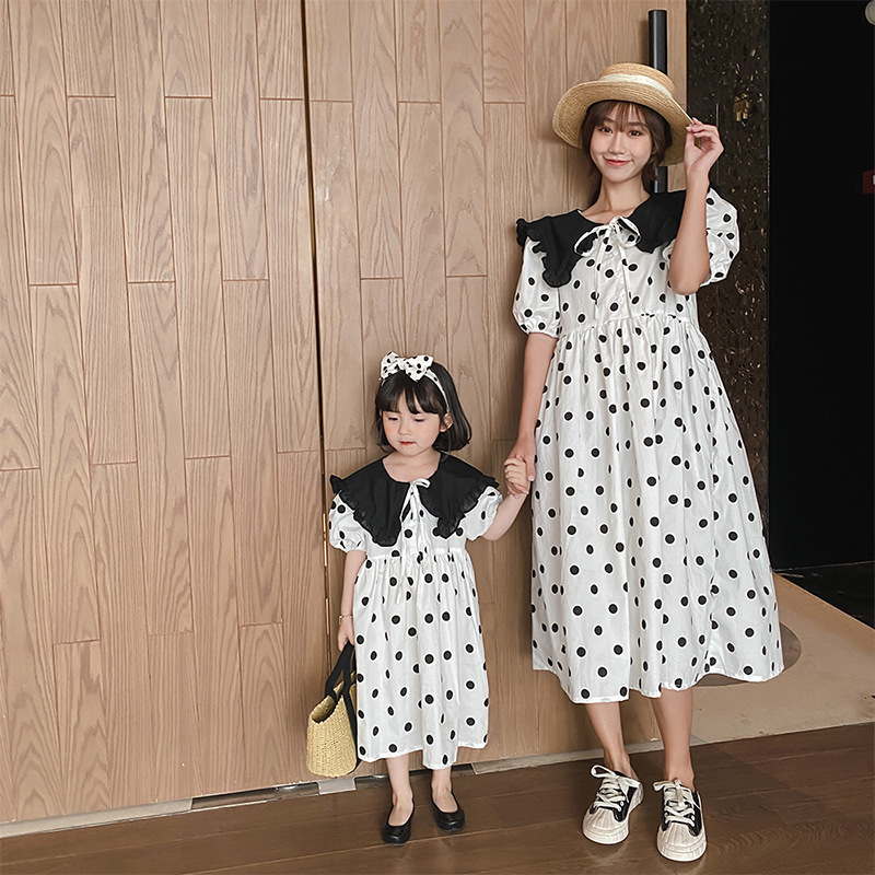 Family Matching Outfits Parent-child Outfit Summer Clothes Mother and Daughter Western Style Short Sleeve Dress Polka Dot Chiffon Elegant Princess Dre