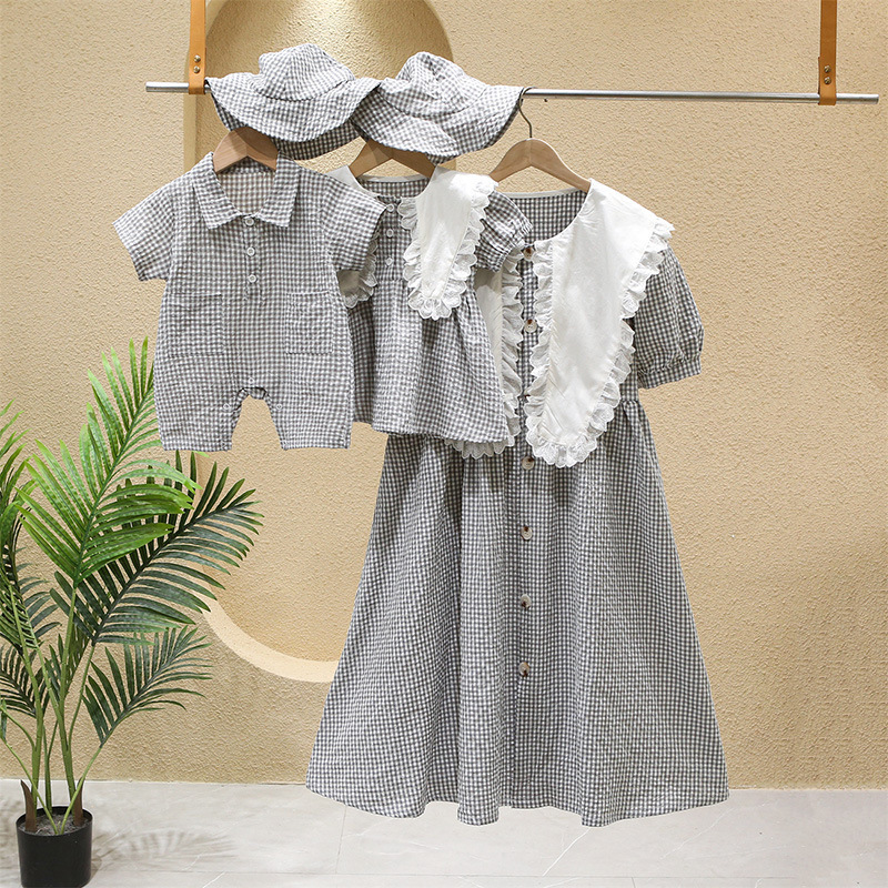Family Matching Outfits Summer Plaid Doll Collar Parent-child Clothes Men's Treasure Shirt Jumpsuit Hat Baby Girl Dress born Mother And Son Siste