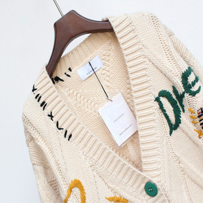 Women's Knits Tees Spring Sweater Warm Knitted Jacket Loose Pocket Embroidery Fashion Knit Cardigan Ladies 221109