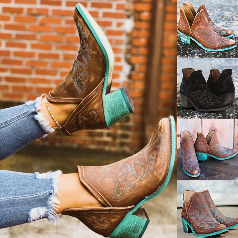 Boots Autumn Winter Casual Western Cowboy Ankle Women Leather Cowgirl Short Cossac Pointed Thick High Heel Shoes Large Size 43 220914 de46