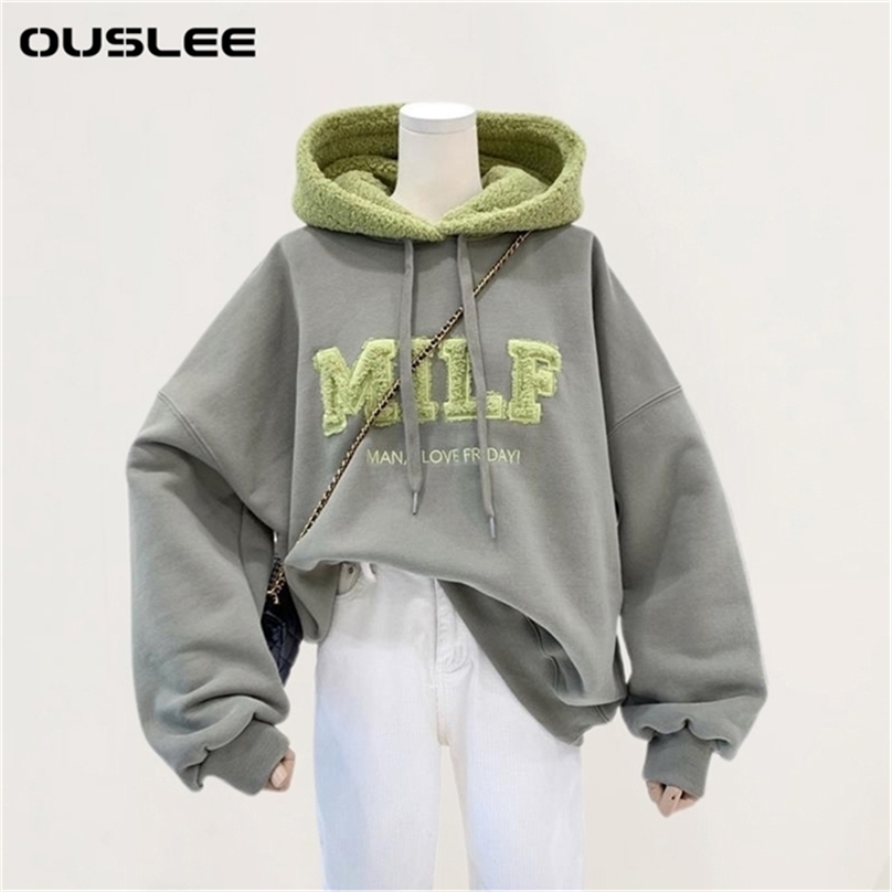 Women s Hoodies Sweatshirts OUSLEE Fashion Patchwork Oversize Sweatshirt Women Winter Casual Loose Cotton Thick Letter Long Sleeve Female Streetwear 2