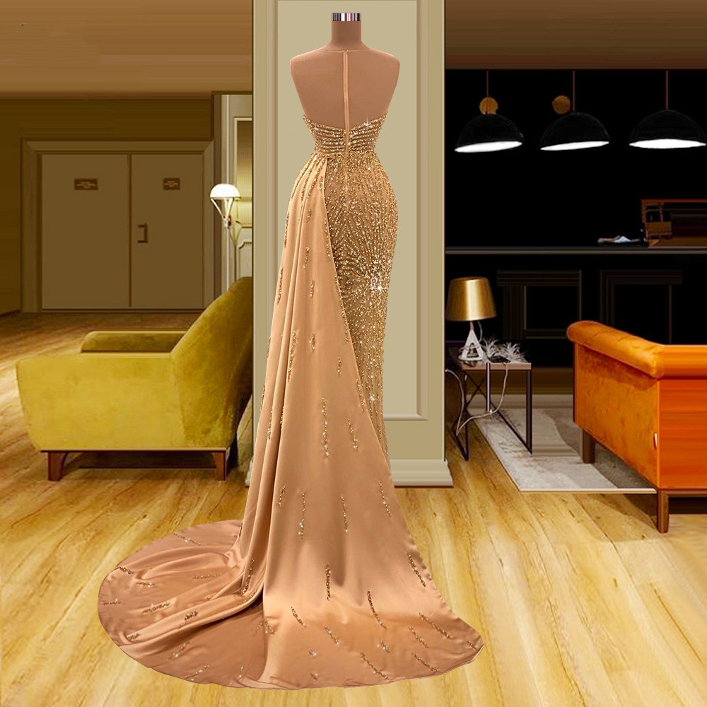 Gold Prom Dresses Satin Sleeveless Strapless V Neck Appliques Shiny Sequins Beaded Evening Dresses Satin Train Floor Length Party Gowns Plus Size Cust