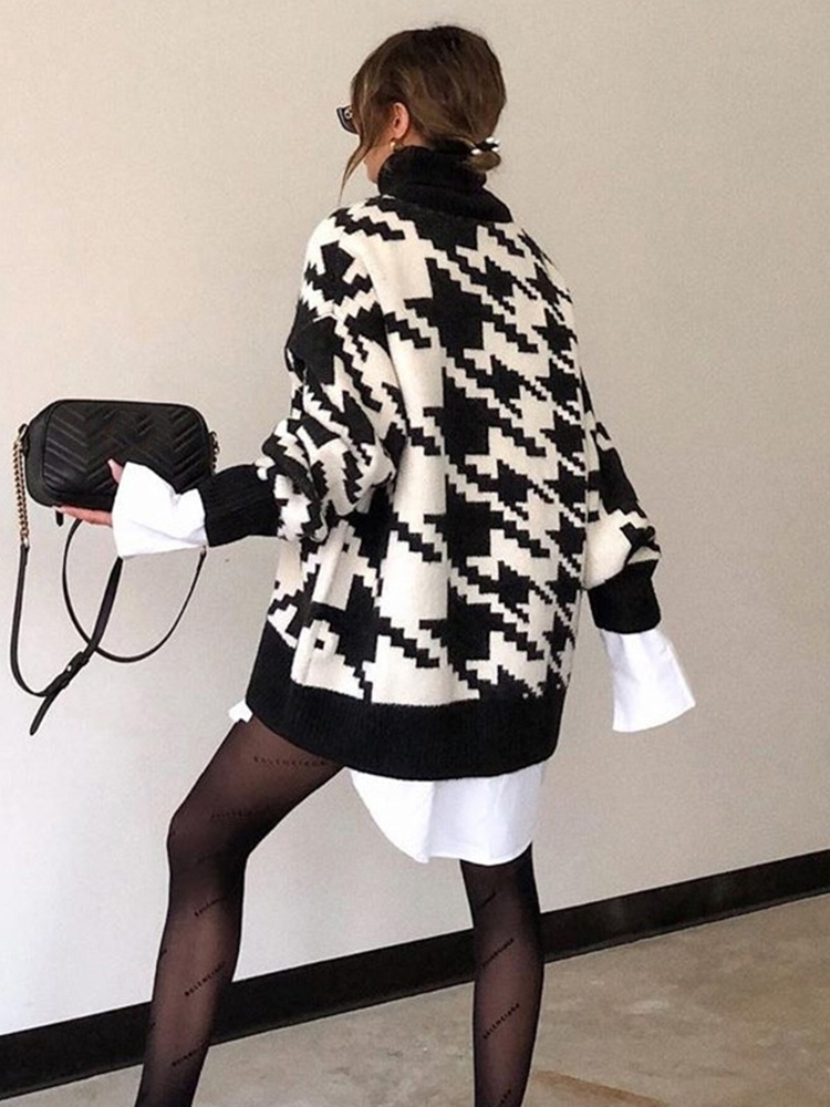 Women's Knits Tees Long Sweater Dress Autumn Winter Fashion Houndstooth Black Turtleneck Long Sleeve Knit Pullover Tops Clothes For Women Fall 22