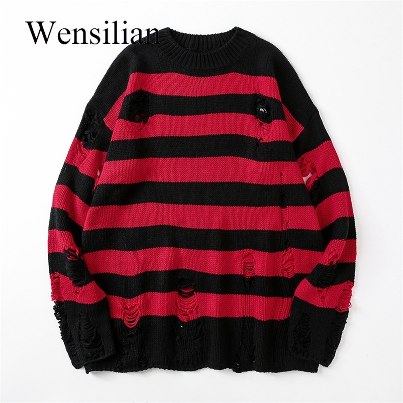 Men's Sweaters Black Stripe Sweaters Destroyed Ripped Sweater Women Pullover Hole Knit Jumpers Oversized Sweatshirt Harajuku Long Sleeve Tops 220