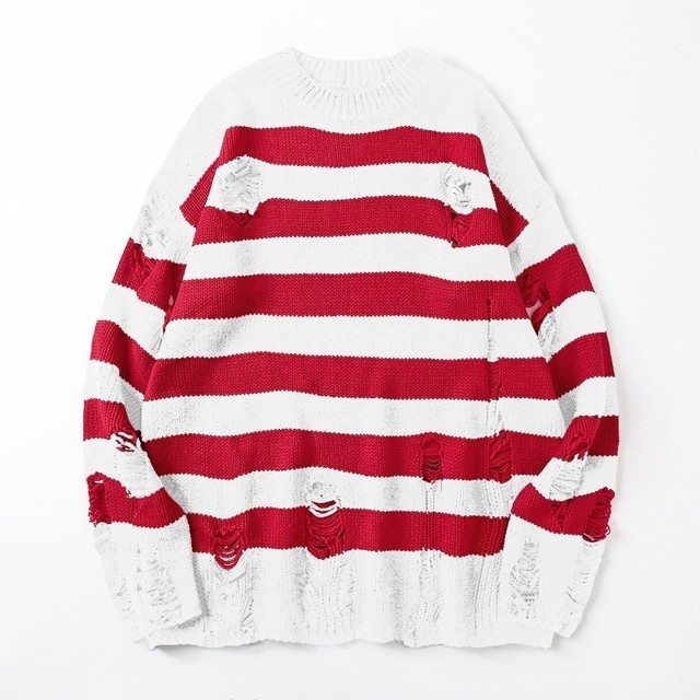 Men's Sweaters Black Stripe Sweaters Destroyed Ripped Sweater Women Pullover Hole Knit Jumpers Oversized Sweatshirt Harajuku Long Sleeve Tops 220