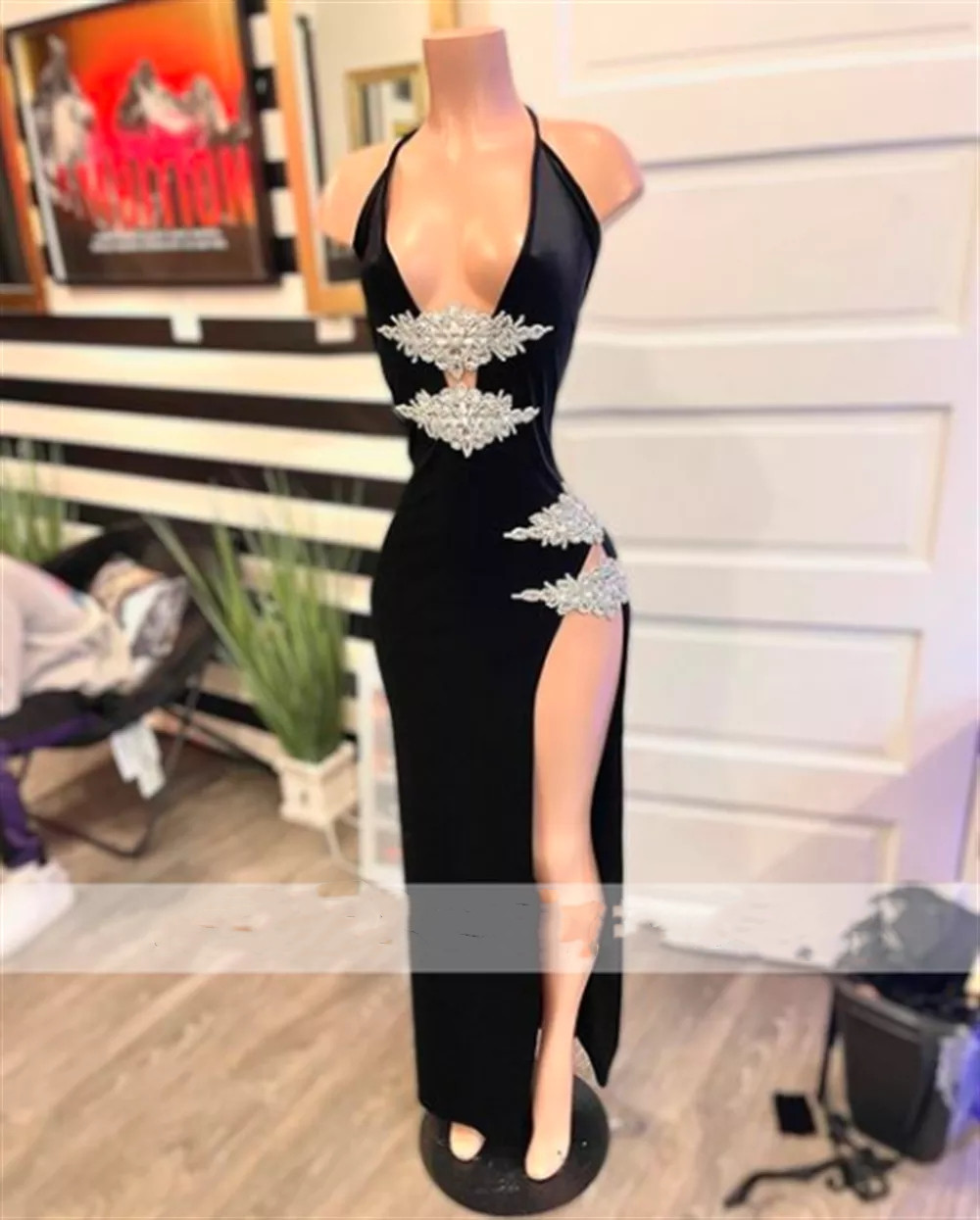 Sexy African Prom Dresses Beads Crystal High Slit Black Veet Plus Size Birthday Party Dress Evening Gowns Formal Robe De Bal 322