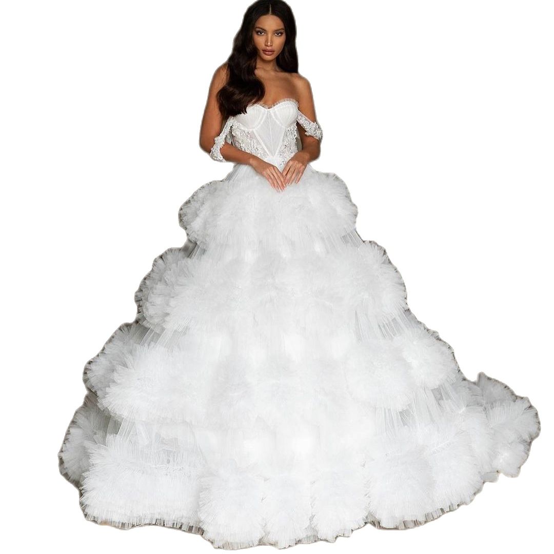 Luxury Wedding Dress Custom Made Off The Shoulder Beads Crystal Ball Gown Tiered Ruffle Puffy Bridal Dresses