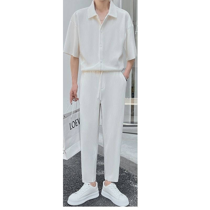 Men's Tracksuits Summer Pleated Sets Men Fashion Black/White Casual Ice Silk Suit Men Korean Short-sleeved Shirt/Trousers Two-piece Mens Set 2209