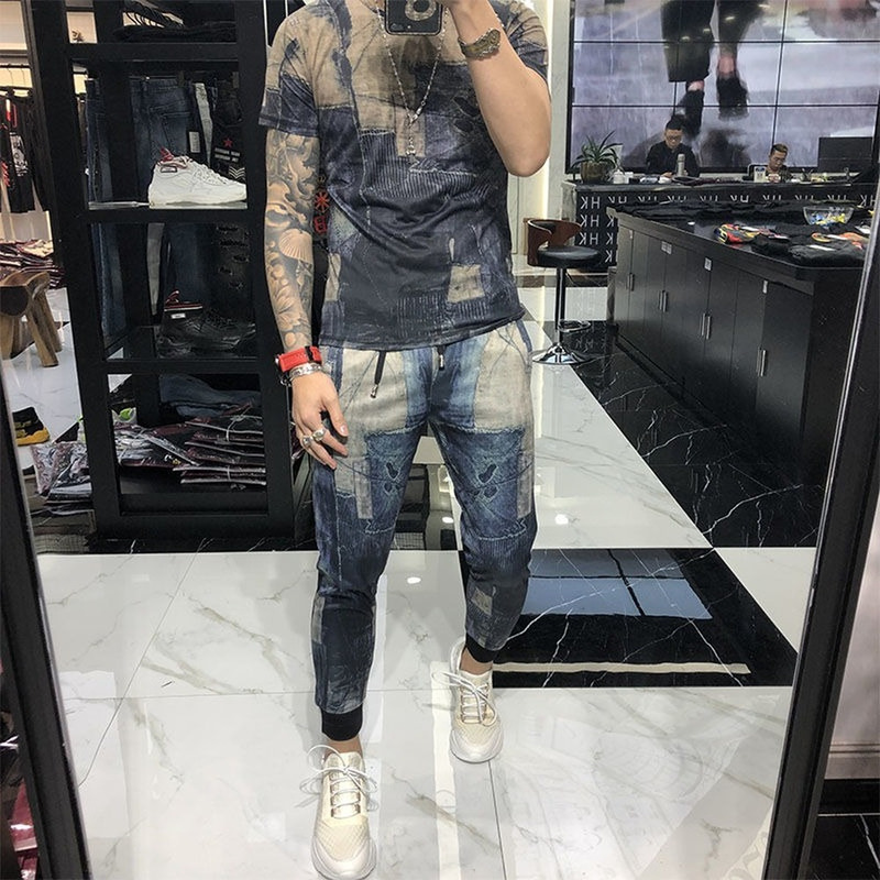 Men's Tracksuits Grey Summer Men's Suit Pocket Korean Style Fashion Crew Neck T-Shirt Pants 2 Piece Set Retro Outdoor Men's Casual Clot